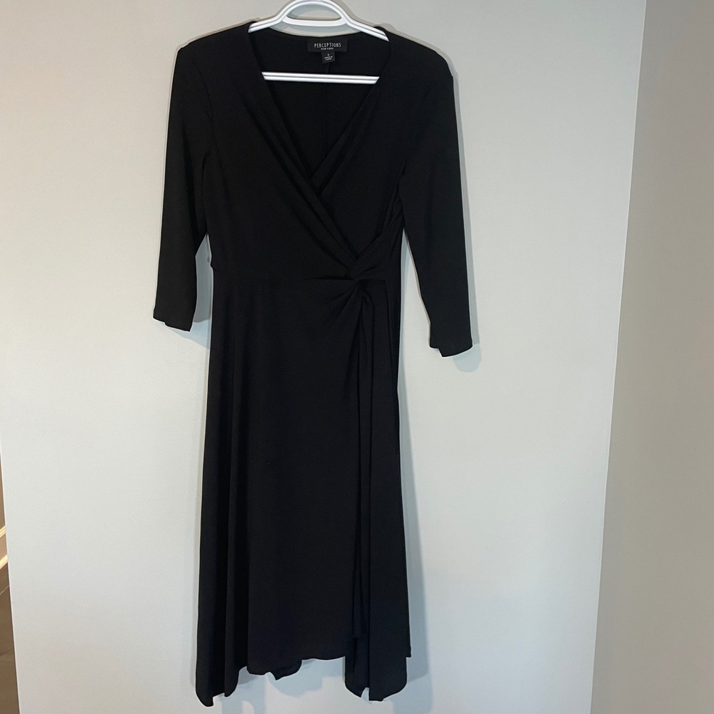 Perceptions New York Womens Black Wrap Handkerchief Hem Dress Small 3/4 Sleeve
